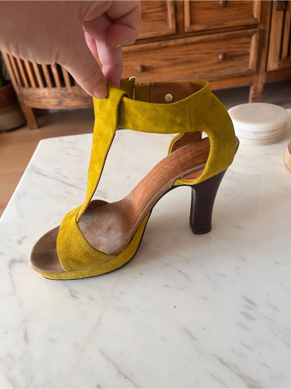 Chie Mihara Women’s Chartreuse Suede High Heel Sandal-Size 39